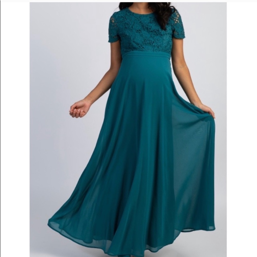 Pink Blush crochet top maternity maxi dress TEAL